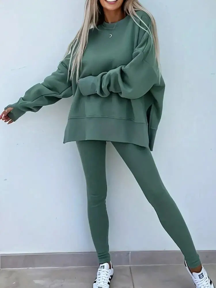 Solid Color Oversize Slit Sweatshirt and Ribbed Leggings 2pcs Set