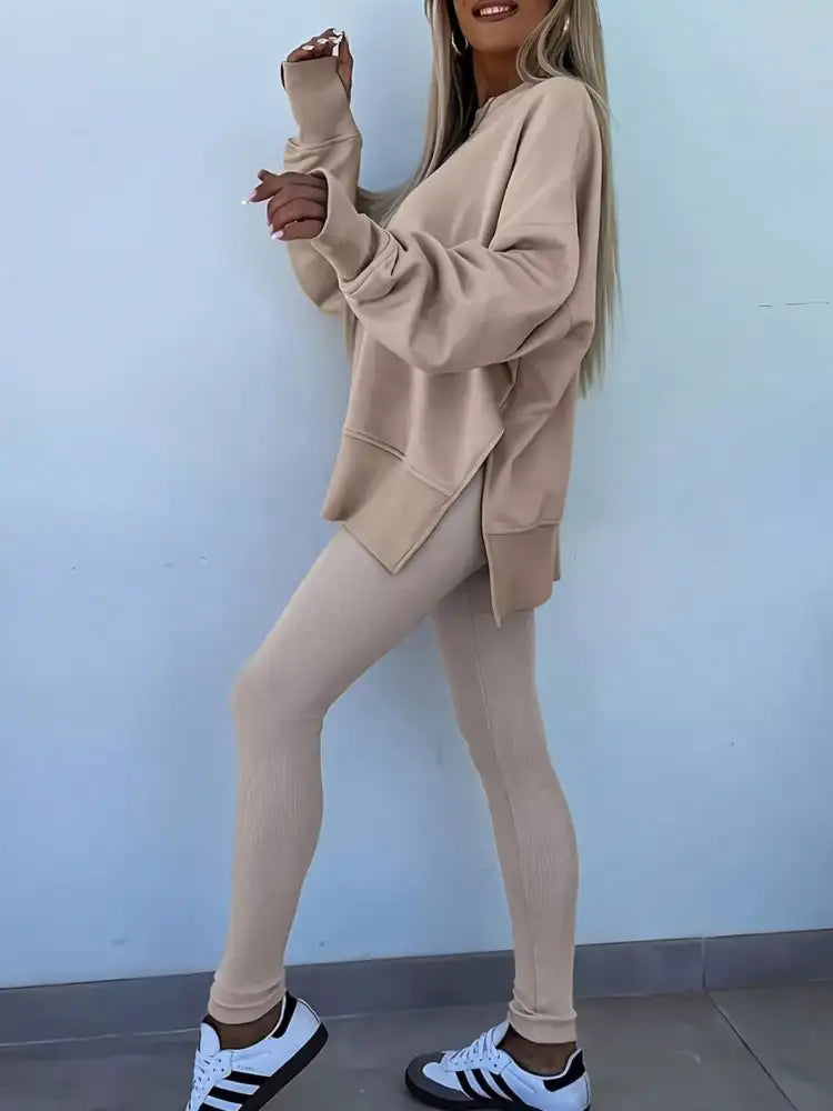 Solid Color Oversize Slit Sweatshirt and Ribbed Leggings 2pcs Set