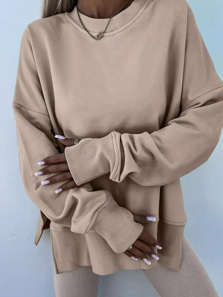 Solid Color Oversize Slit Sweatshirt and Ribbed Leggings 2pcs Set