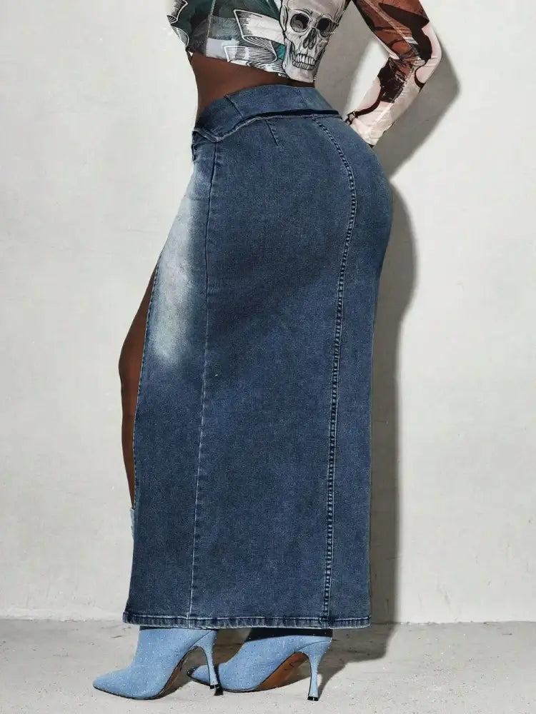 Split Denim Maxi Skirt