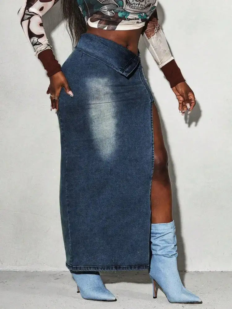 Split Denim Maxi Skirt
