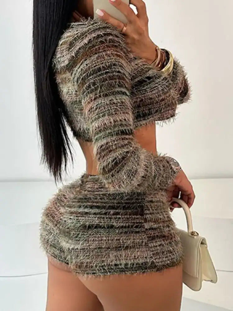 Square Neck Crop Top and Shorts Sweater Set