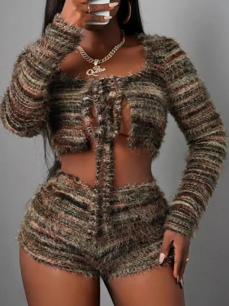 Square Neck Crop Top and Shorts Sweater Set