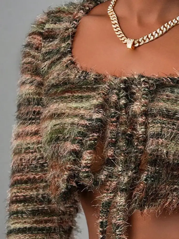 Square Neck Crop Top and Shorts Sweater Set