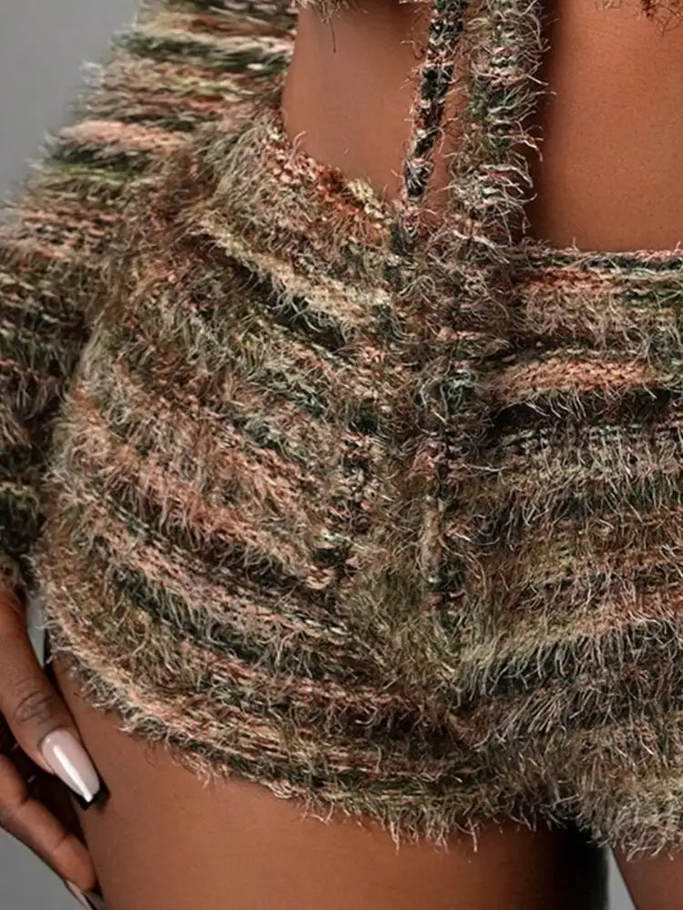 Square Neck Crop Top and Shorts Sweater Set