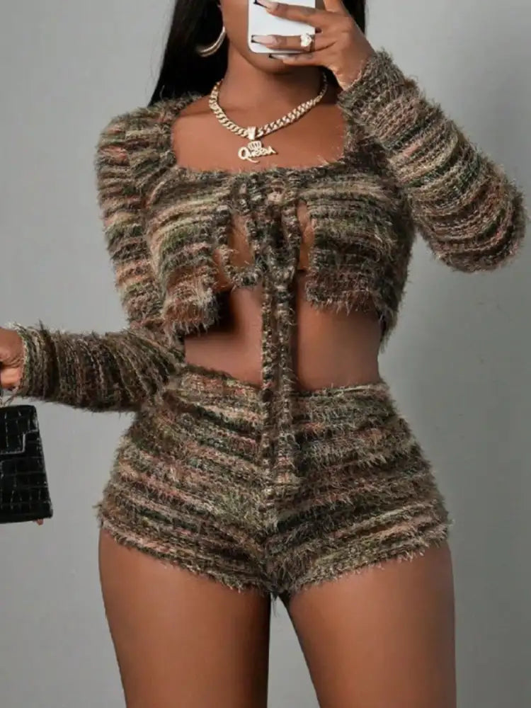 Square Neck Crop Top and Shorts Sweater Set