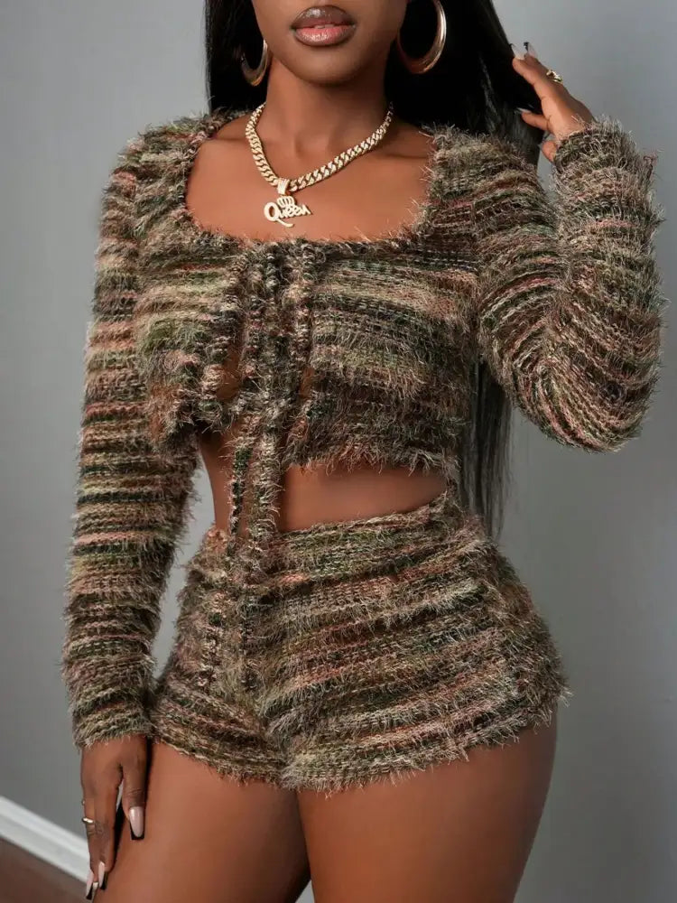 Square Neck Crop Top and Shorts Sweater Set