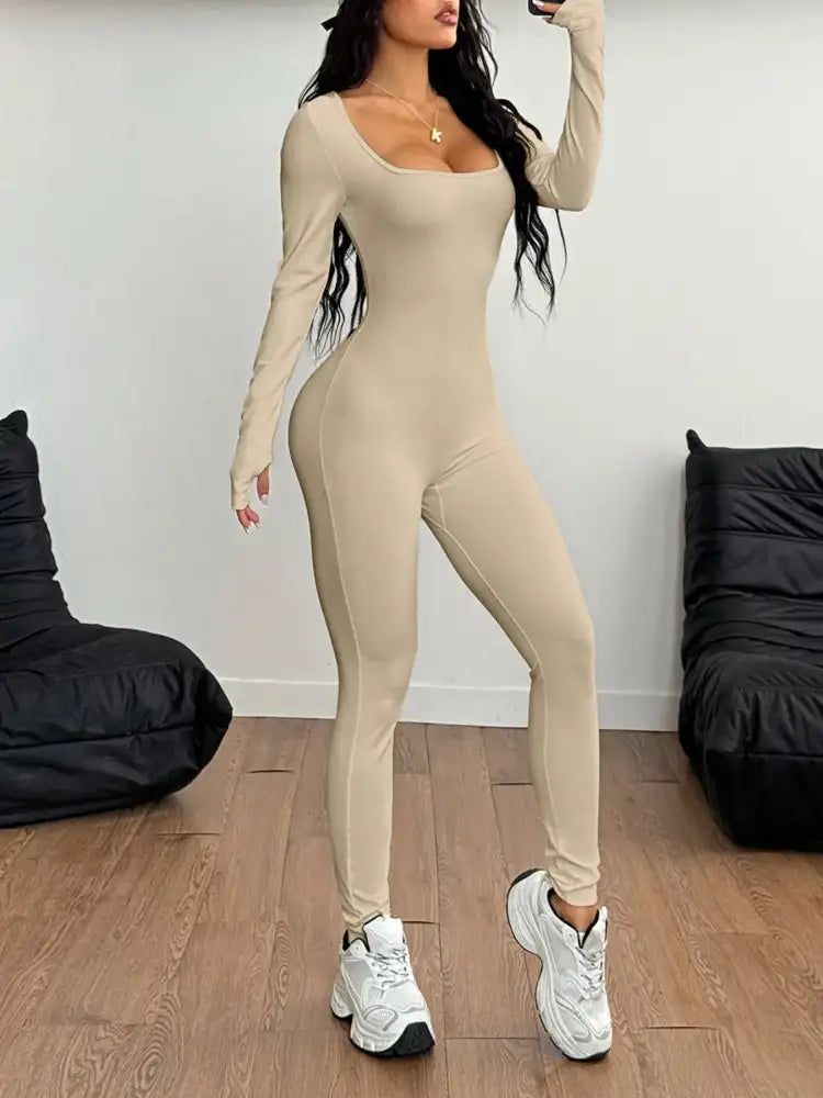 Square Neck Long Sleeve Active Jumpsuit