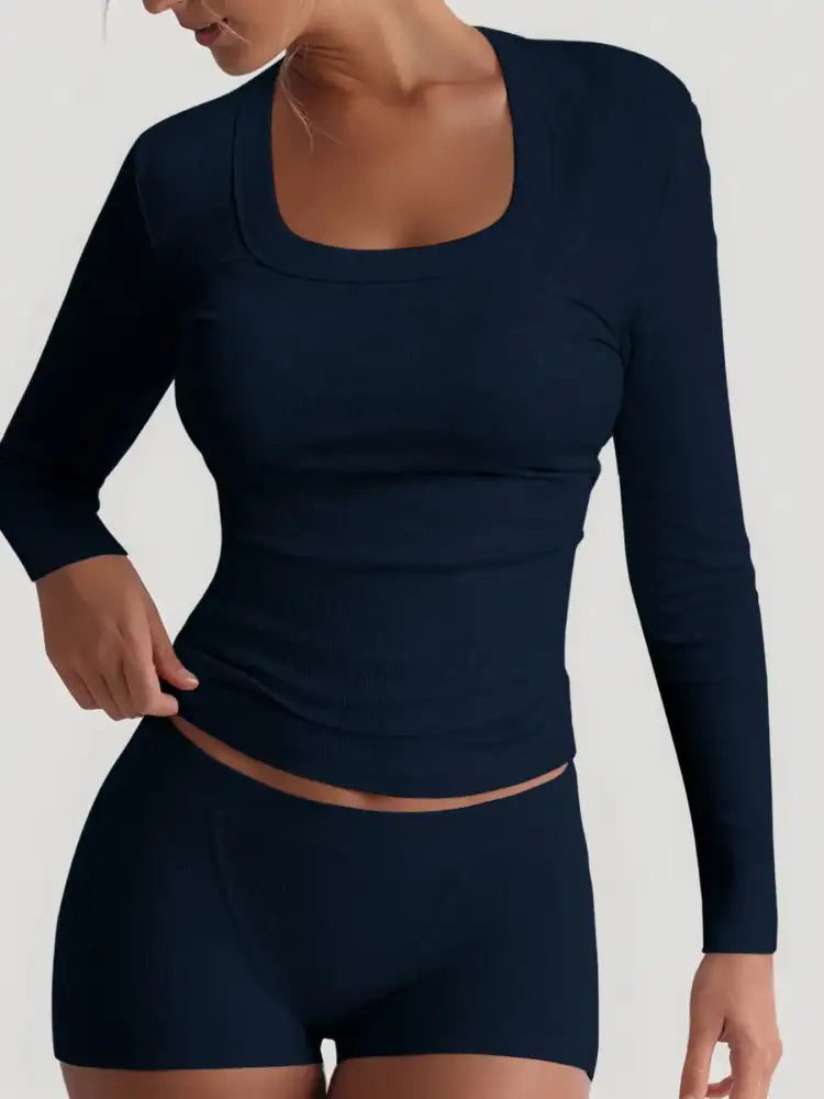 Square Neck Long Sleeve Top and Shorts Set