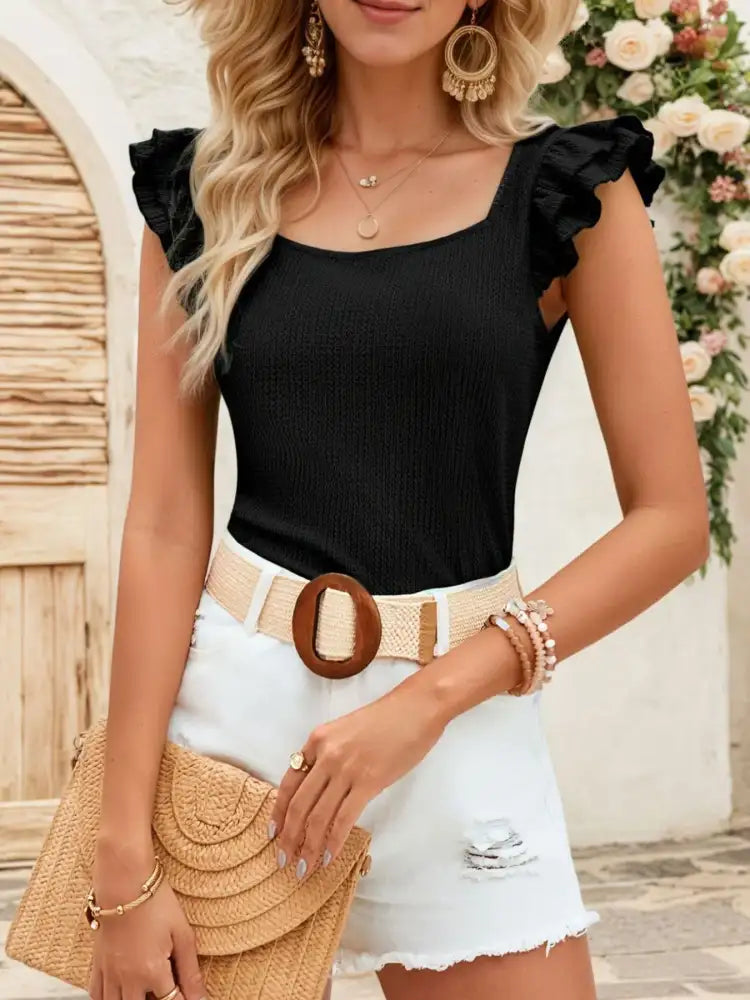 Square Neck Ruffled Cap Sleeve Top