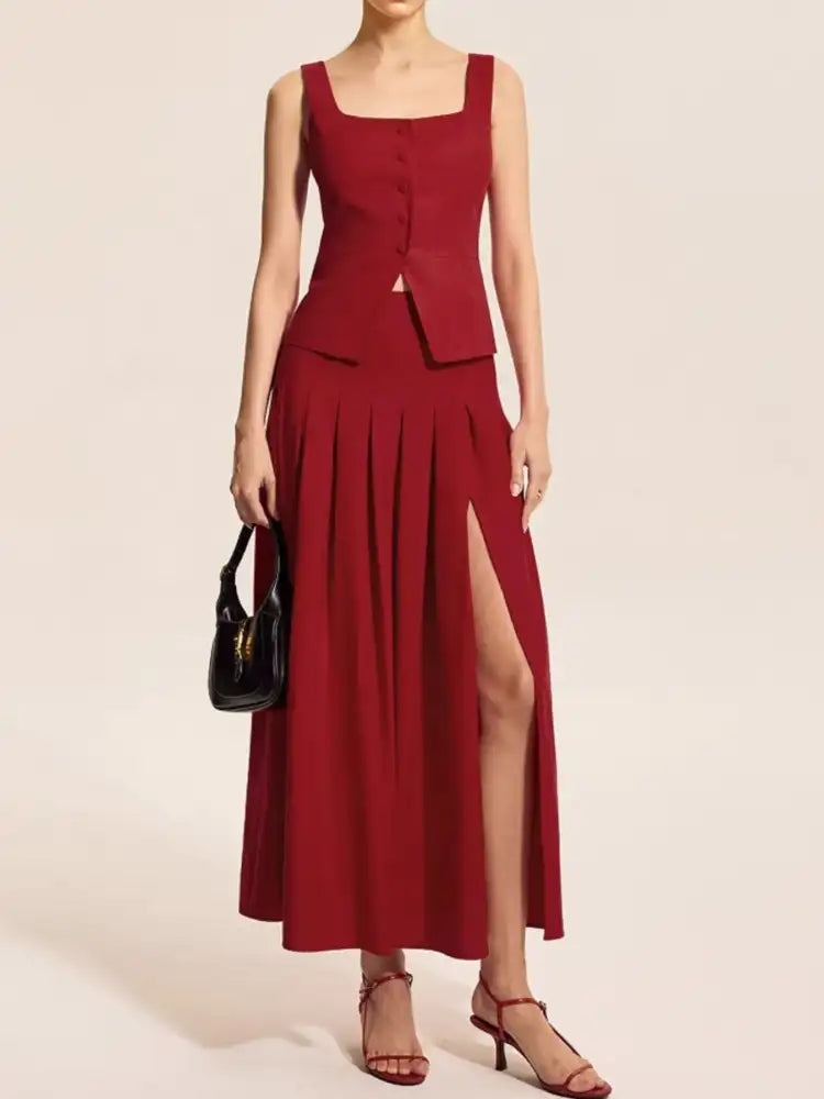 Square Neck Tank and Pleated Slit Skirt Set
