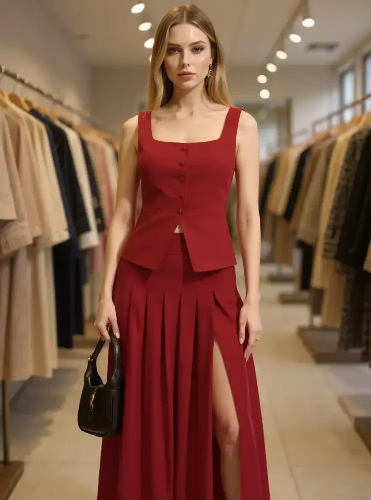 Square Neck Tank and Pleated Slit Skirt Set