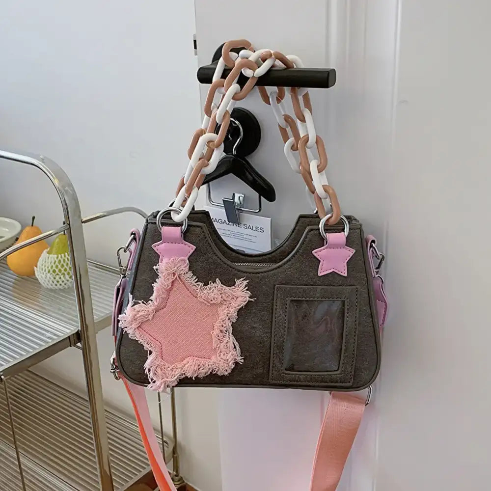 Star Patch Shoulder Bag with Chunky Chain