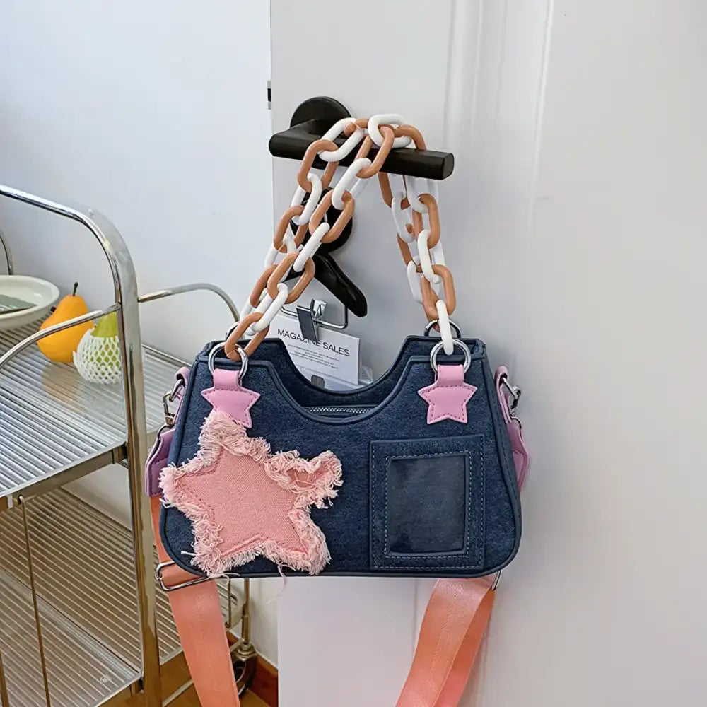 Star Patch Shoulder Bag with Chunky Chain