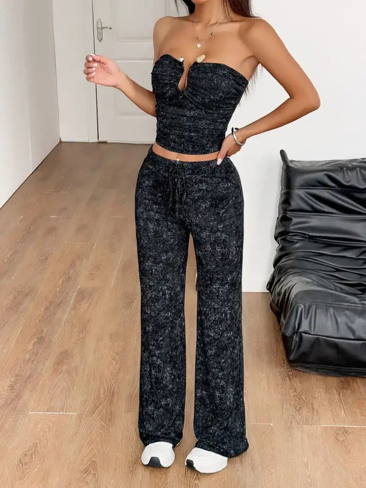 Strapless Crop Top and Wide Leg Pants Set