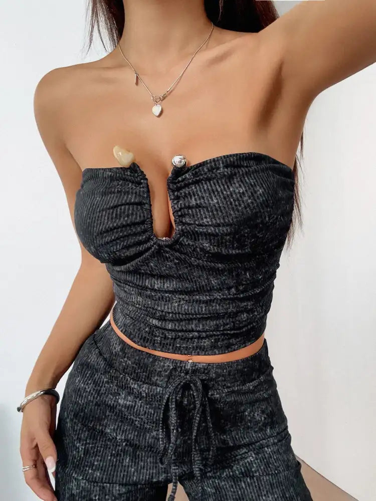 Strapless Crop Top and Wide Leg Pants Set