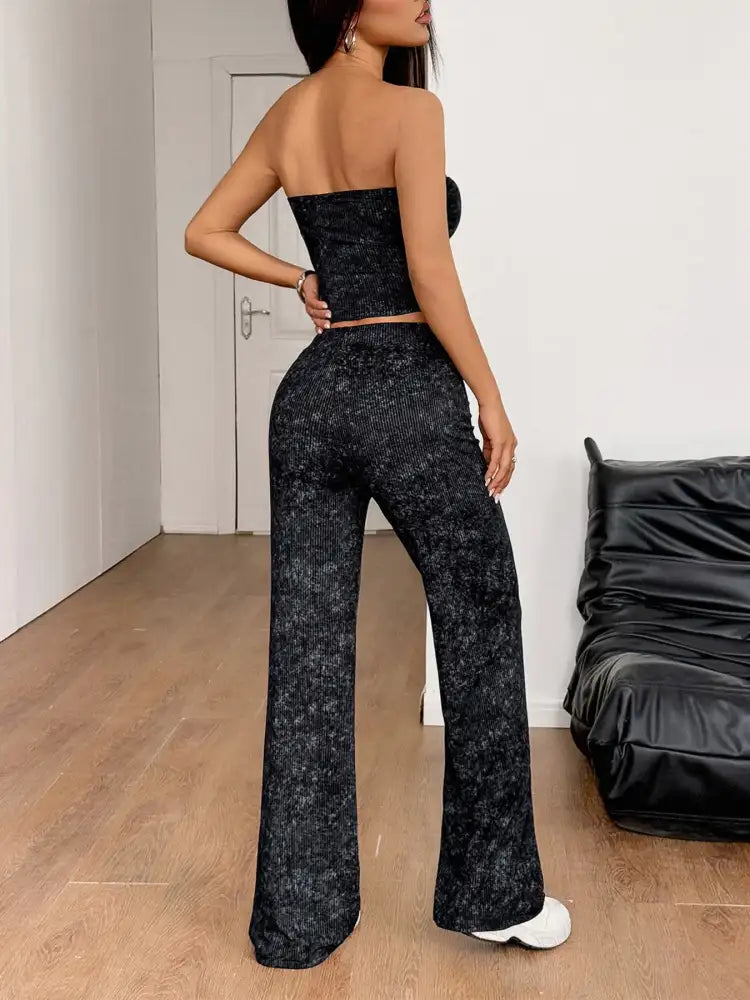 Strapless Crop Top and Wide Leg Pants Set