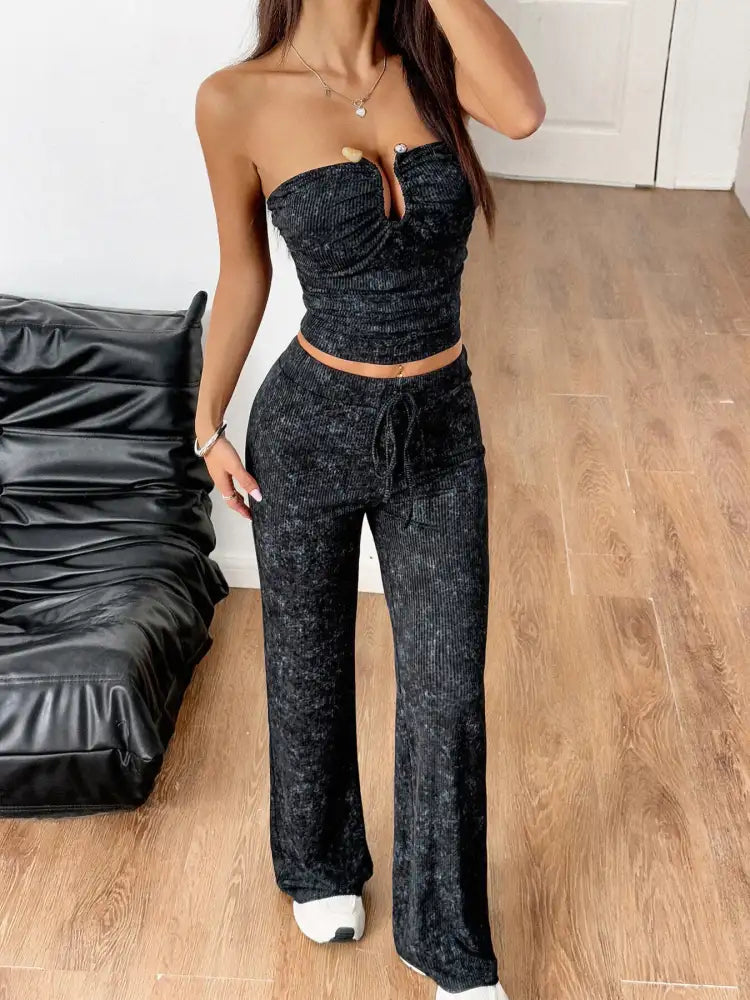 Strapless Crop Top and Wide Leg Pants Set