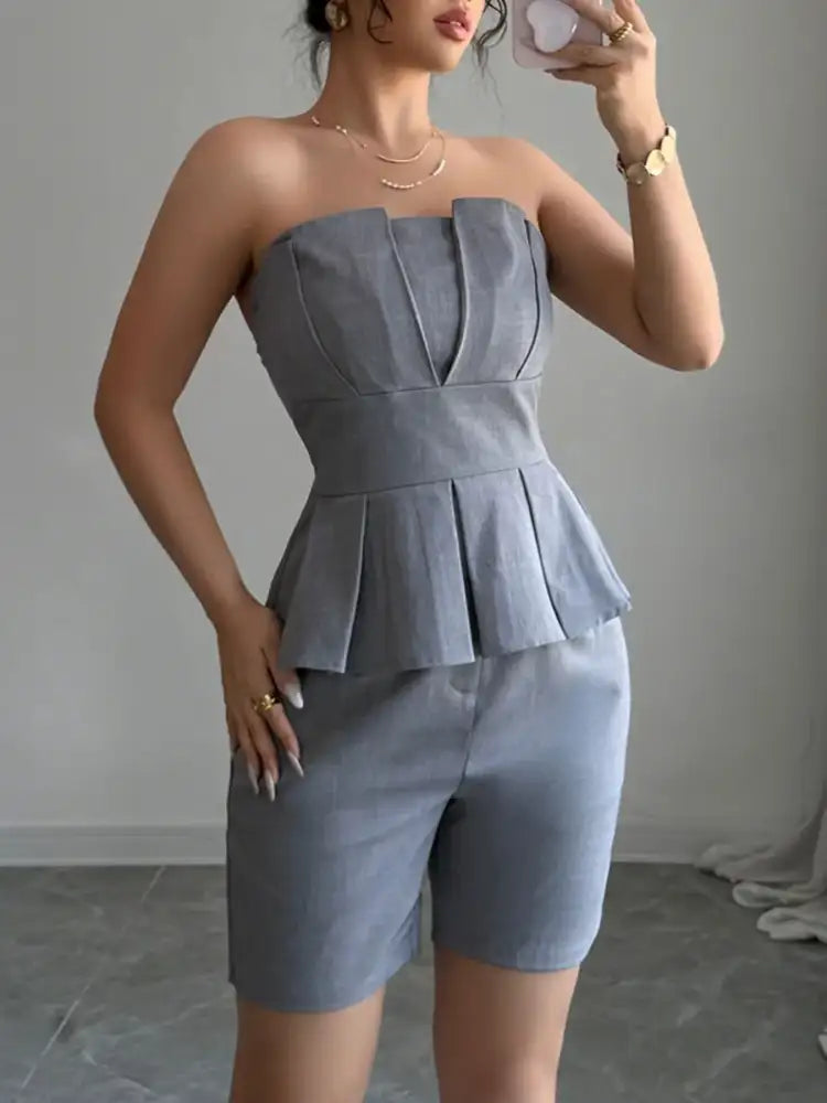Strapless Peplum Top and Shorts Two-Piece Set