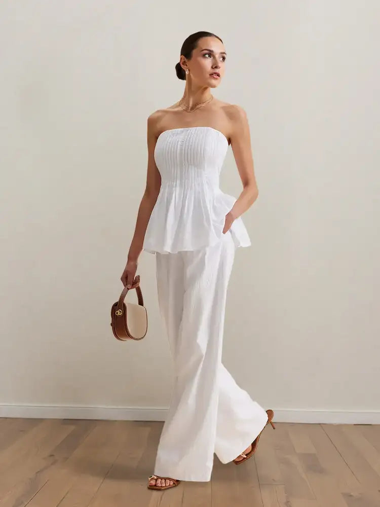 Strapless Peplum Top and Wide Leg Pants Set