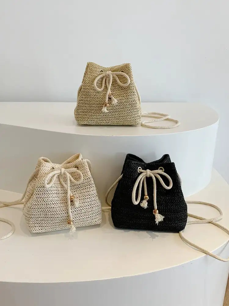 Straw Braided Drawstring Bucket Bag