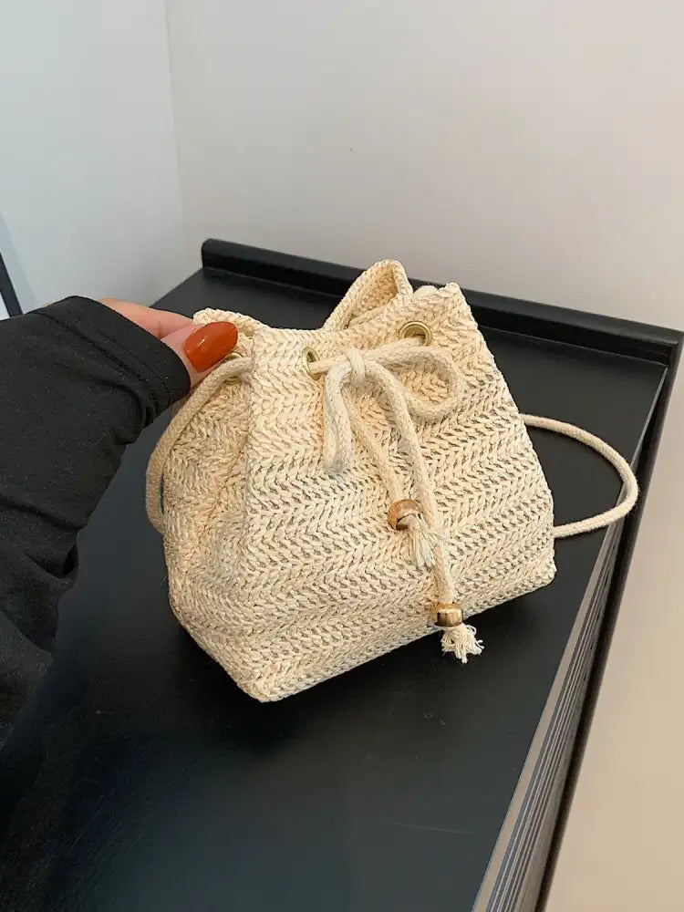 Straw Braided Drawstring Bucket Bag