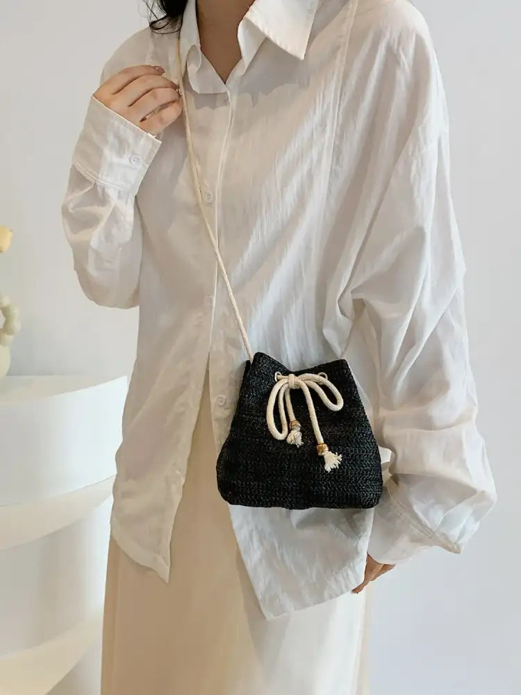 Straw Braided Drawstring Bucket Bag