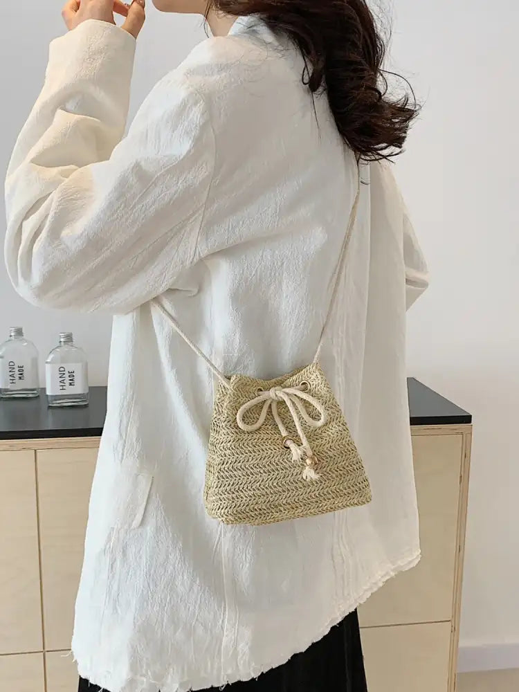 Straw Braided Drawstring Bucket Bag