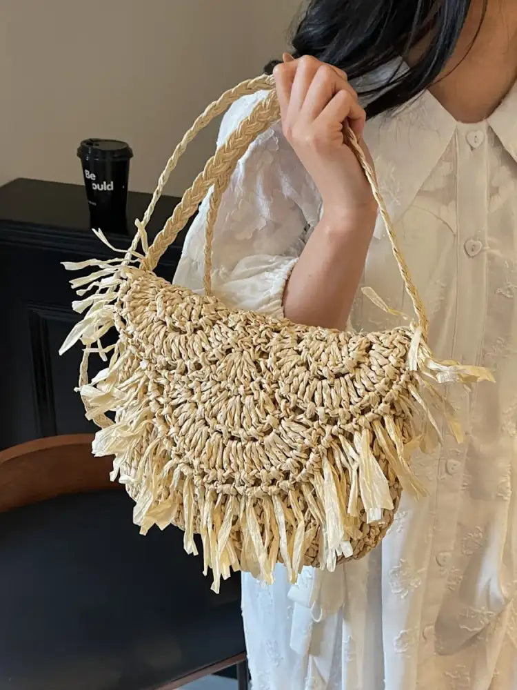 Straw Braided Fringe Shoulder Bag