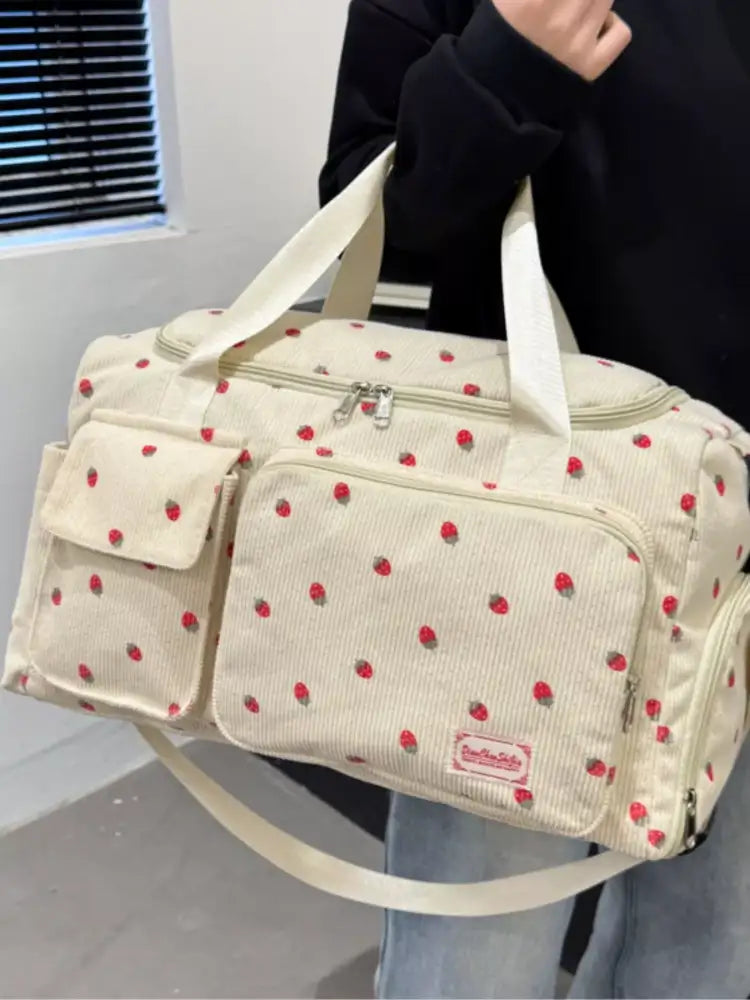 Strawberry Print Corduroy Travel Bag