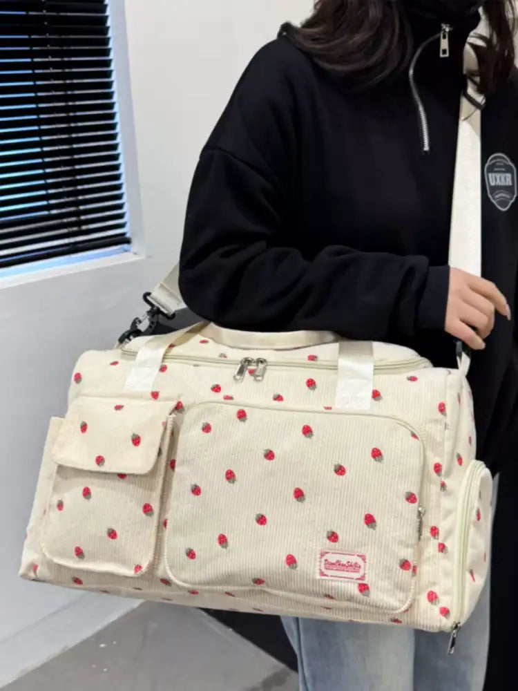Strawberry Print Corduroy Travel Bag