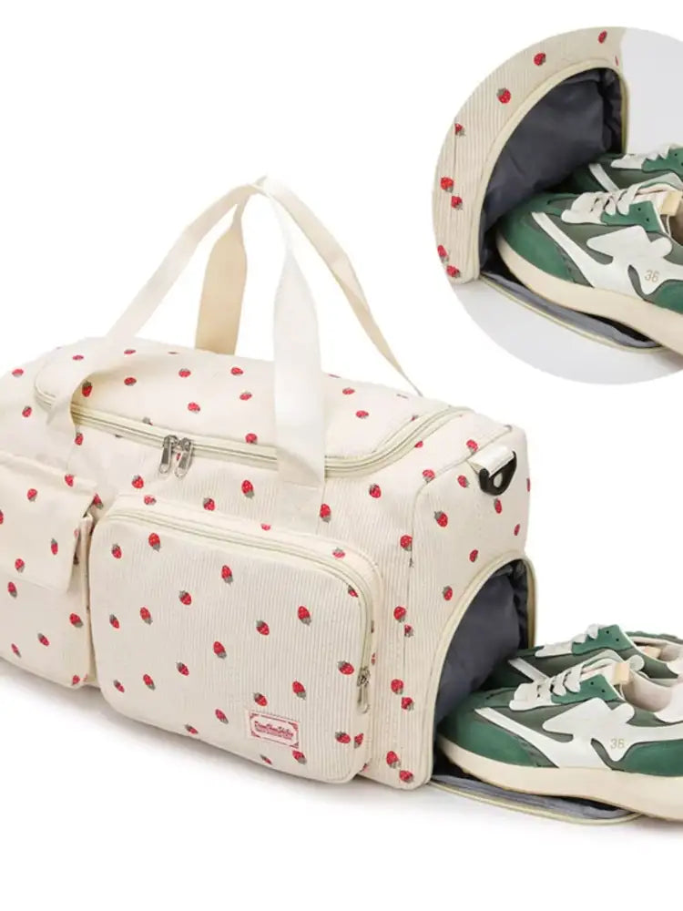Strawberry Print Corduroy Travel Bag