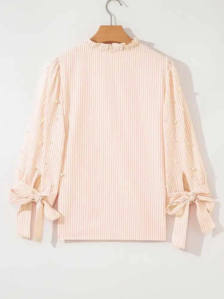Stripe Bow Knot Cuff Pearl Embellished Puff Sleeve V Neck Blouse