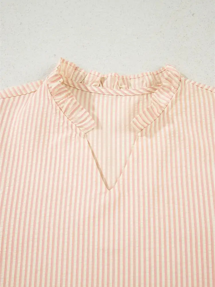 Stripe Bow Knot Cuff Pearl Embellished Puff Sleeve V Neck Blouse
