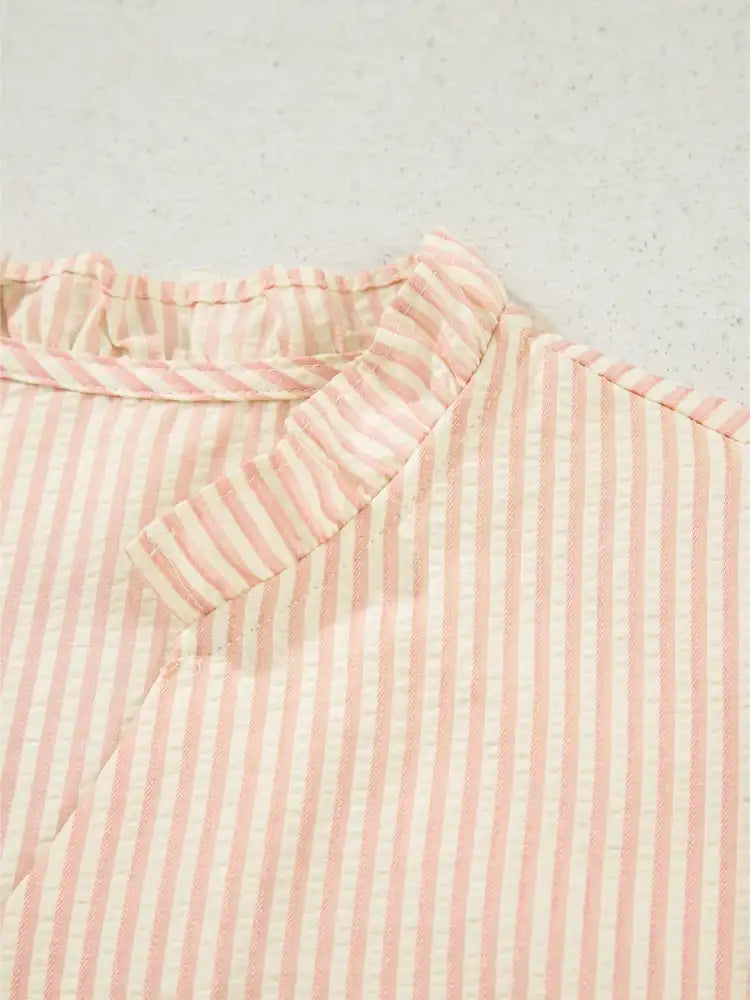 Stripe Bow Knot Cuff Pearl Embellished Puff Sleeve V Neck Blouse