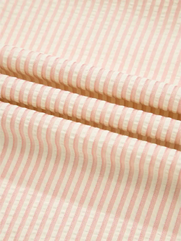 Stripe Bow Knot Cuff Pearl Embellished Puff Sleeve V Neck Blouse