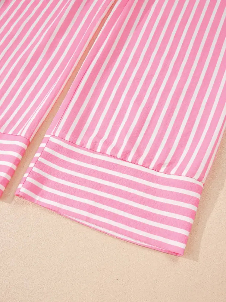 Stripe Buttoned Front Long Sleeve Top and Pants 2 Piece Sleepwear