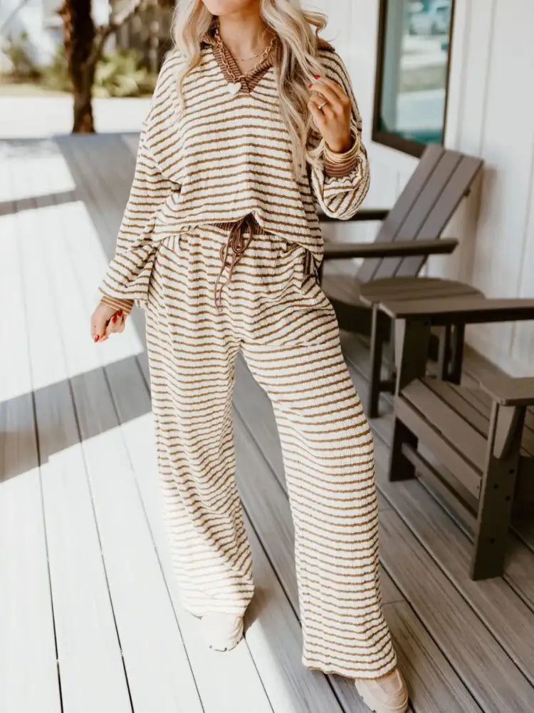 Stripe Collared Top and Drawstring Pant Set