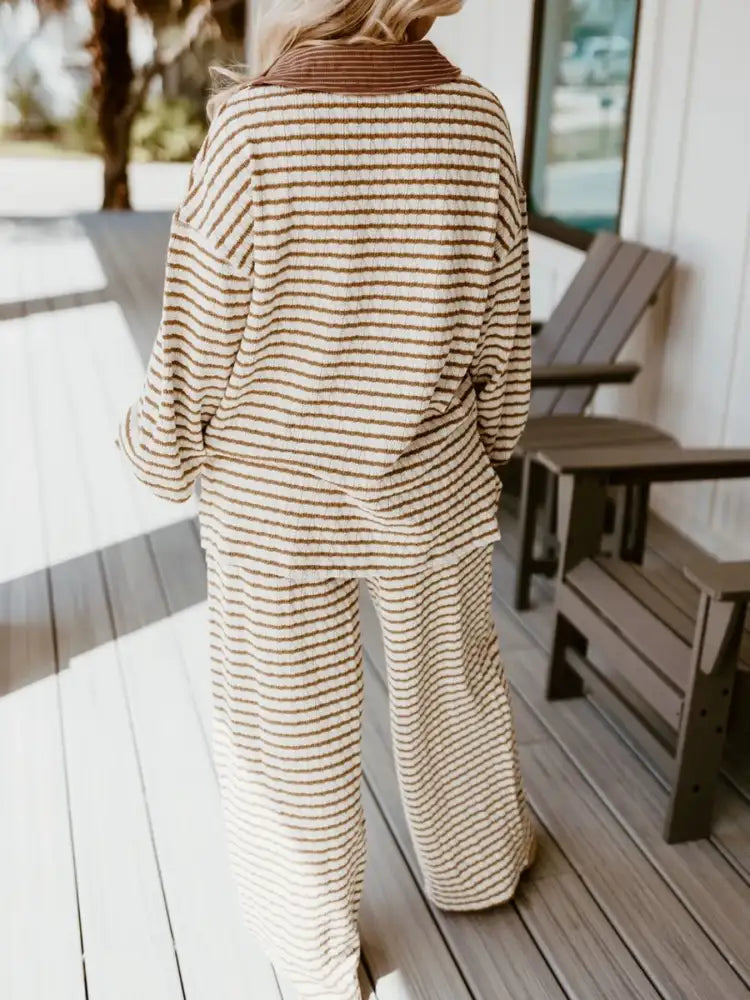 Stripe Collared Top and Drawstring Pant Set