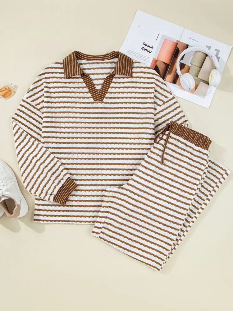 Stripe Collared Top and Drawstring Pant Set