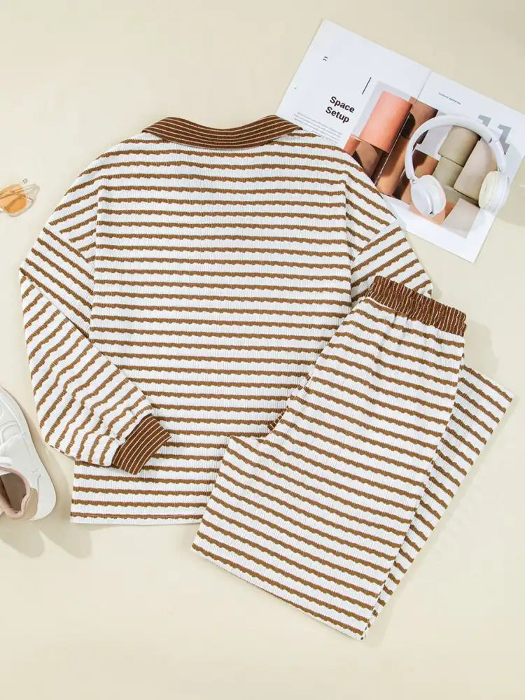 Stripe Collared Top and Drawstring Pant Set