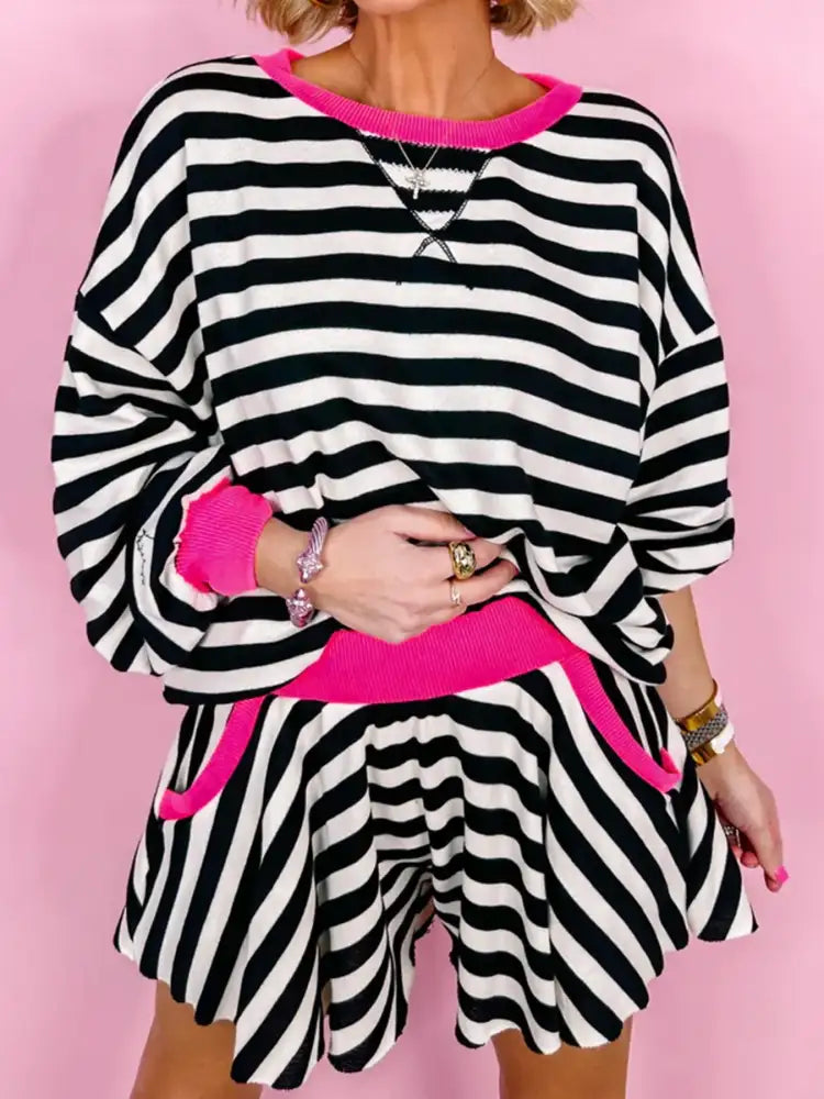 Stripe Contrast Ribbed Banding Long Sleeve Blouse and Loose Shorts Set