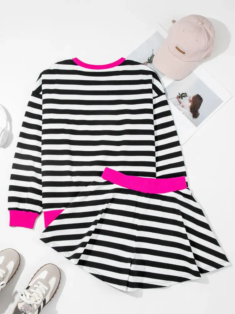 Stripe Contrast Ribbed Banding Long Sleeve Blouse and Loose Shorts Set