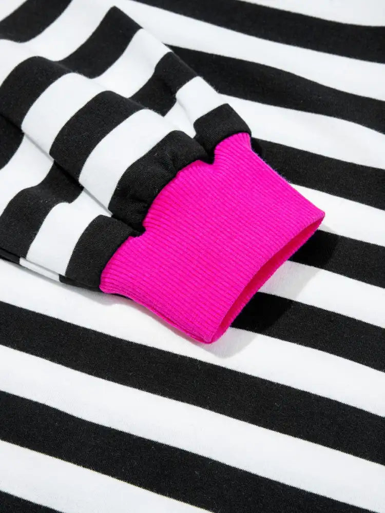 Stripe Contrast Ribbed Banding Long Sleeve Blouse and Loose Shorts Set