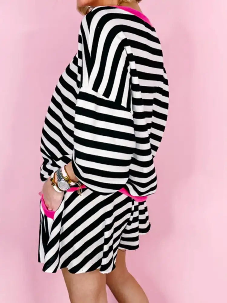 Stripe Contrast Ribbed Banding Long Sleeve Blouse and Loose Shorts Set