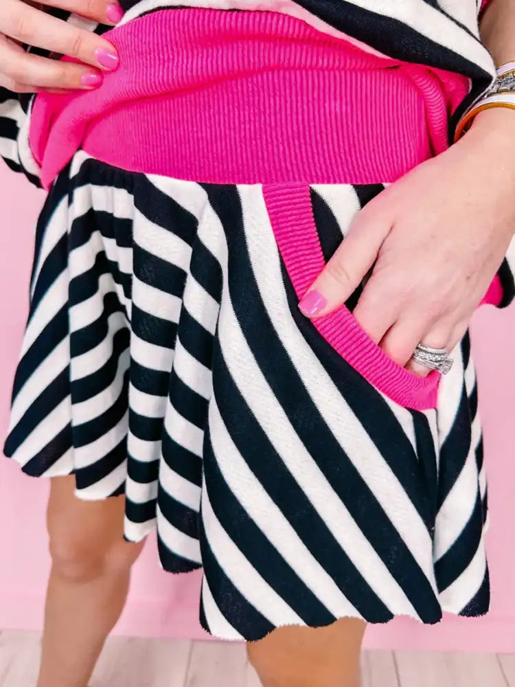 Stripe Contrast Ribbed Banding Long Sleeve Blouse and Loose Shorts Set