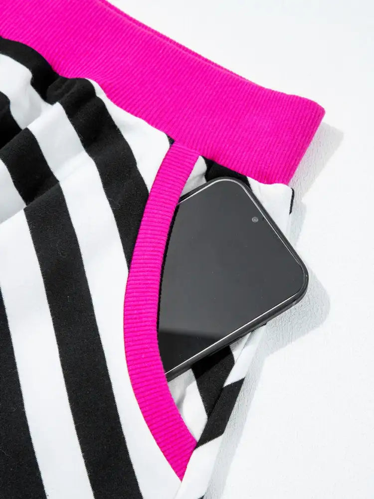 Stripe Contrast Ribbed Banding Long Sleeve Blouse and Loose Shorts Set