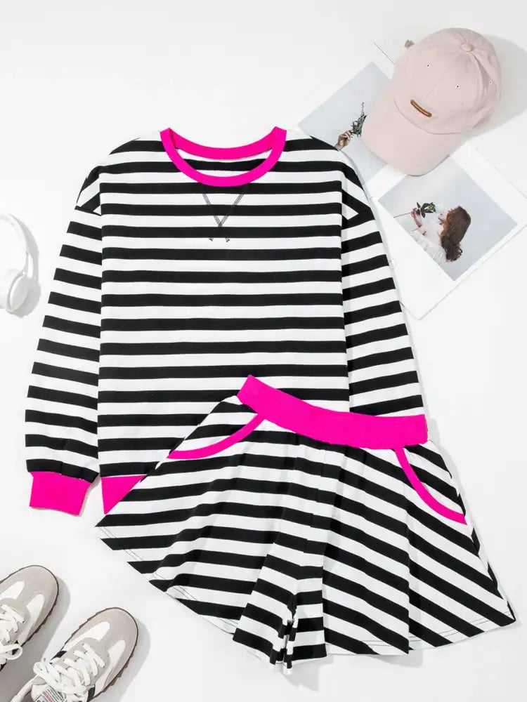 Stripe Contrast Ribbed Banding Long Sleeve Blouse and Loose Shorts Set
