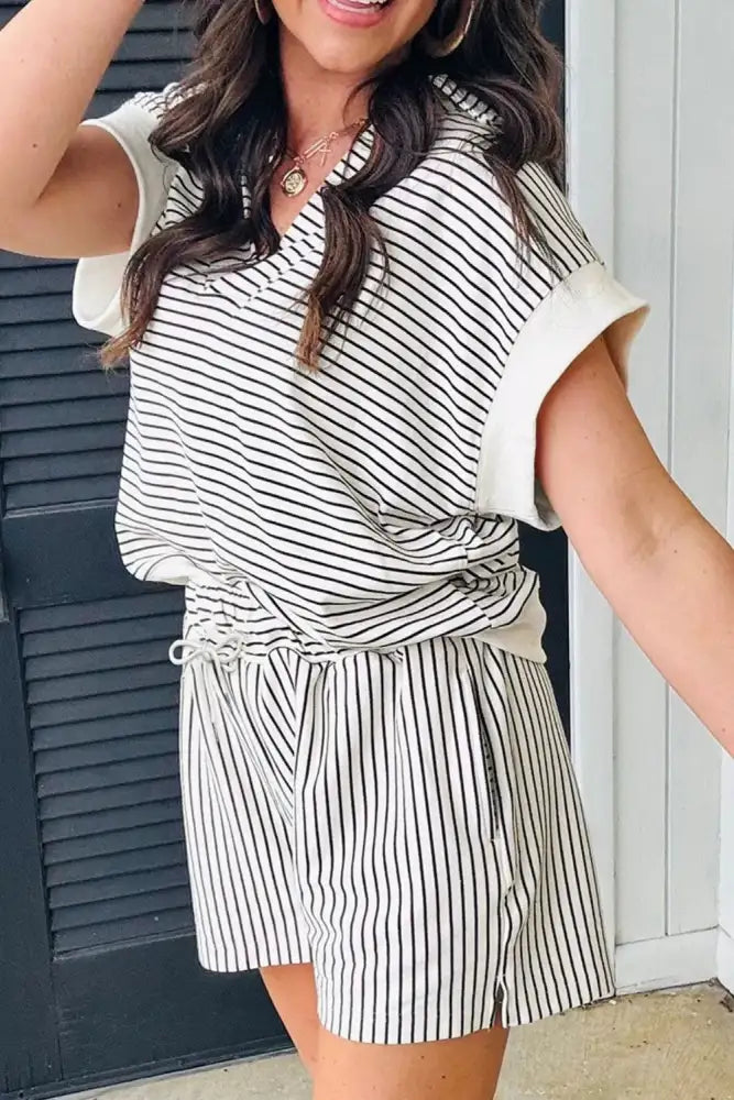 Stripe V Neck Tee and Casual Shorts Set