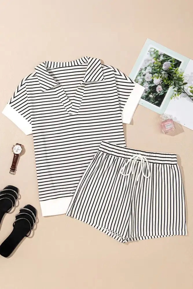 Stripe V Neck Tee and Casual Shorts Set